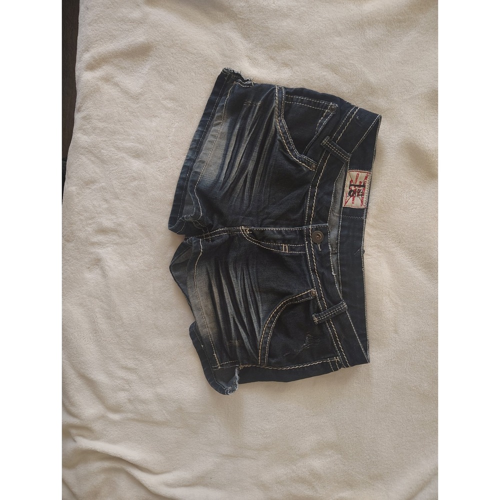 1st Kiss Womens Denim Shorts Dark Wash Thick Stitch Whiskered Y2K Low Rise